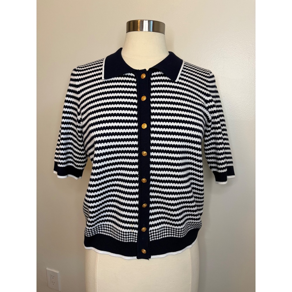 Adrianna Papell Navy White Stripe Knit Cardigan Short Sleeve Polo Top Coastal M